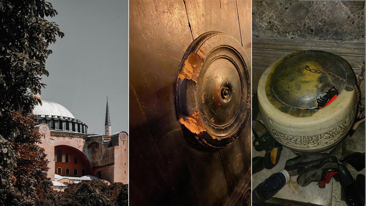 Ancient water chamber in Hagia Sofia used as receptacle for visitors’ shoes